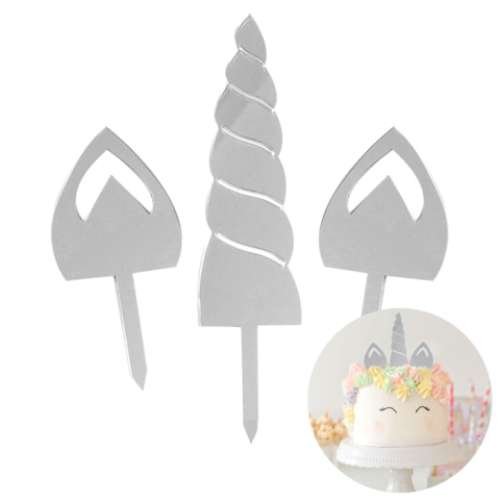 Unicorn Horn & Ears Silver Mirror Cake Set - Click Image to Close